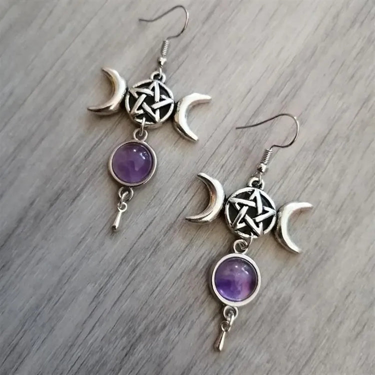 Amethyst & Rose Quartz Pentagram Crescent Moon Earrings - JOURNEY artisan soaps & candles