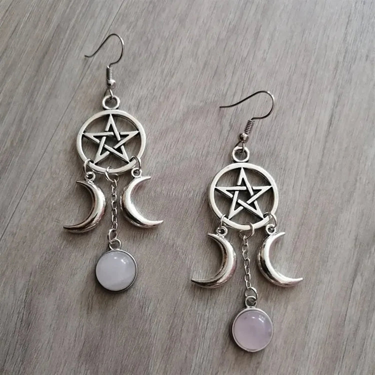 Amethyst & Rose Quartz Pentagram Crescent Moon Earrings - JOURNEY artisan soaps & candles