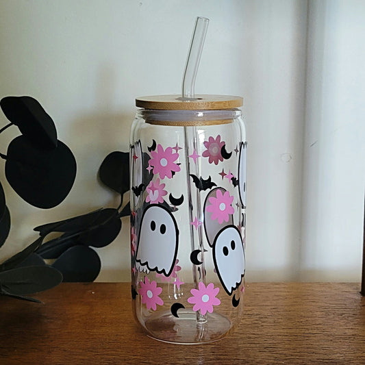Batty Boo Glass Can with Bamboo Lid & Straw