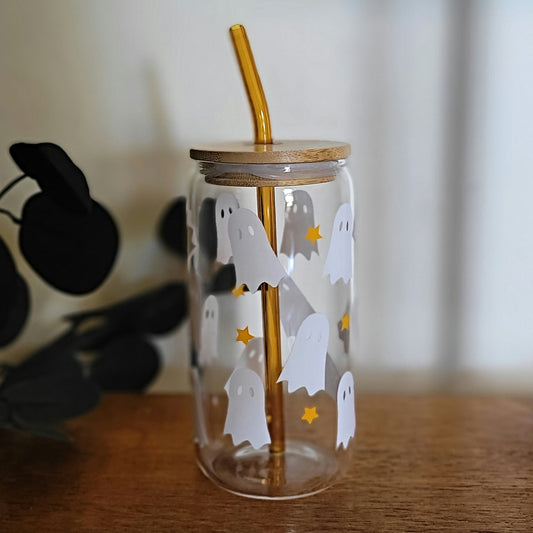 Hey Boo Glass Can with Bamboo Lid and Straw