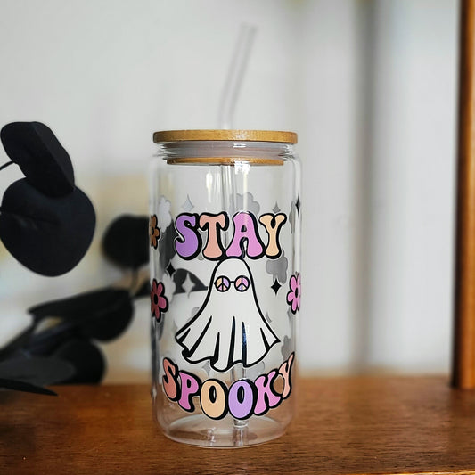 Stay Spooky Glass Can with Bamboo Lid & Straw