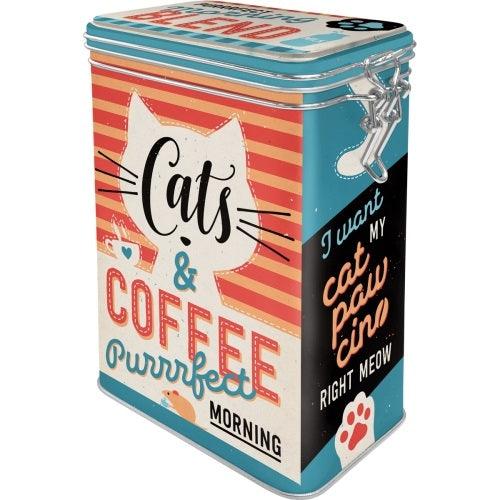 Retro Cats & Coffee Clip Top Lid Tin / Canister - JOURNEY artisan soaps & candles